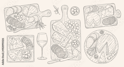 A collection of hand-drawn charcuterie boards featuring a variety of cheeses, meats, crackers, and olives, accompanied by a glass of white wine.
