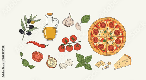 An overhead view of various fresh Italian pizza ingredients including olives, olive oil, garlic, tomatoes, basil, cheese, and a delicious pepperoni pizza.