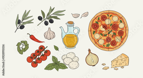 A vibrant illustration showcasing the fresh ingredients and a finished pizza, including olives, garlic, chili pepper, basil, tomatoes, mozzarella, onion, olive oil, and cheese.
