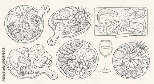 A collection of hand-drawn illustrations of various cheese and charcuterie boards, complete with grapes, olives, and crackers, presented in a vintage sketch style.