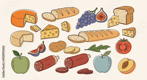 A vibrant collection of fresh food items including various cheeses, breads, fruits, vegetables, and cured meats, artfully arranged on a light background.