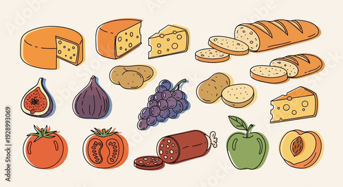 A vibrant collection of fresh food items including various cheeses, bread, fruits, vegetables, and cured meats, artfully arranged.