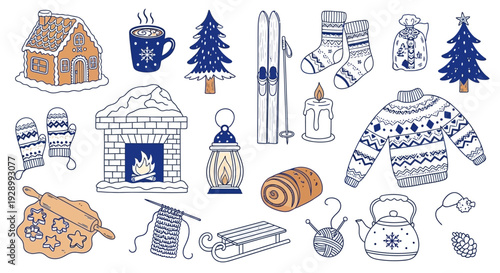 A charming collection of cozy winter-themed illustrations, featuring a gingerbread house, fireplace, knitted items, and festive decorations.
