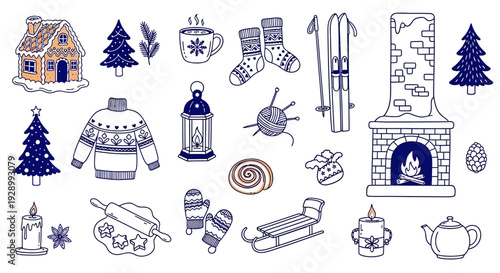 A charming collection of hand-drawn winter-themed illustrations, featuring cozy elements like a gingerbread house, fireplace, knitted items, and festive decorations.