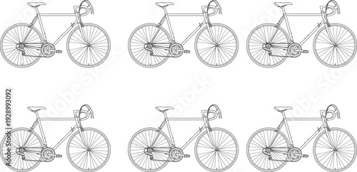 Bicycle Icons Set Featuring Detailed Line Art of Different Bicycle