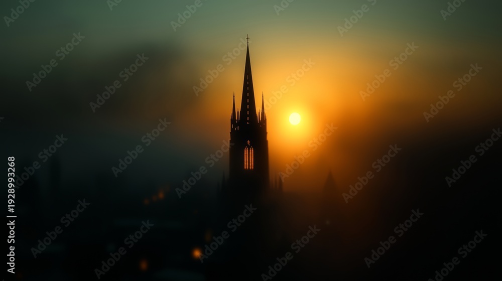 Naklejka premium Mystical Church Silhouette: A majestic church stands silhouetted against a breathtaking sunrise, its spire piercing through a veil of mist, evoking a sense of spirituality and tranquility.