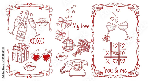 A collection of romantic Valentine's Day themed illustrations including champagne, gifts, lips, hearts, and game boards.
