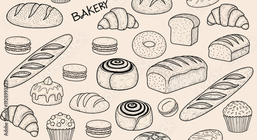 A delightful assortment of freshly baked goods, including various breads, croissants, muffins, macarons, and cinnamon rolls, rendered in a charming sketch style.