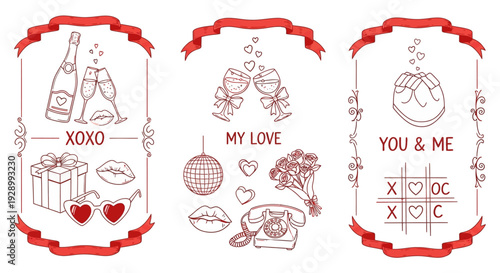 A charming collection of hand-drawn Valentine's Day themed illustrations, featuring romantic symbols like champagne, gifts, lips, and hearts.
