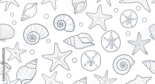 A seamless pattern featuring a variety of hand-drawn seashells, starfish, and sand dollars in a charming, minimalist line art style.