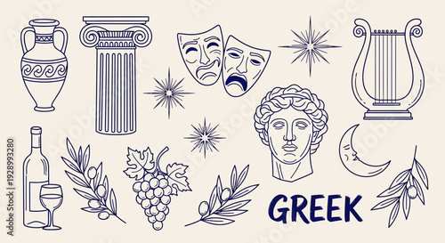 A collection of iconic symbols representing ancient Greek culture and art, including pottery, architecture, theater masks, and musical instruments.