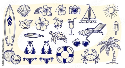 Hand-drawn summer and beach vacation doodles with various elements like surfboard, shells, flowers, camera, sailboat, and palm tree.