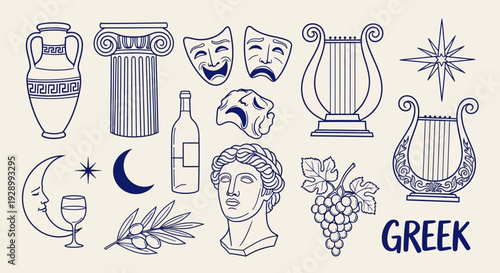 A collection of hand-drawn illustrations representing ancient Greek culture and mythology, including pottery, columns, masks, musical instruments, and celestial bodies.