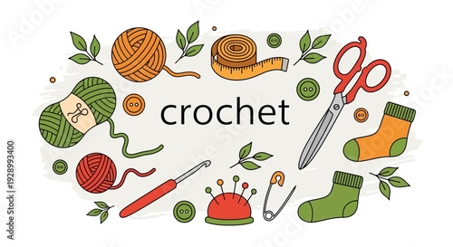 A collection of crafting supplies for crochet, including yarn, hooks, scissors, and socks, arranged around the word 'crochet'.
