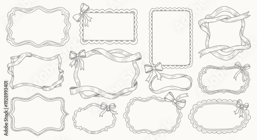 A collection of decorative hand-drawn frames and borders with ribbons and bows, presented in a vintage style.