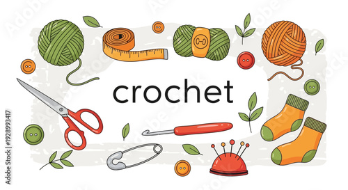 A collection of crochet crafting supplies including yarn balls, scissors, crochet hooks, measuring tape, and buttons, arranged around the word 'crochet'.