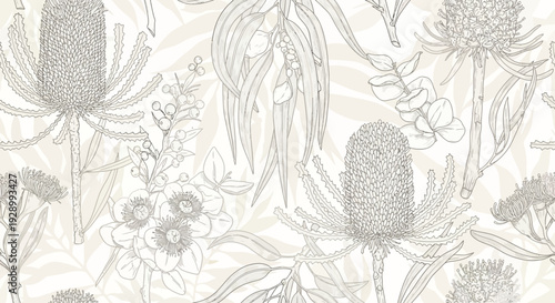 A delicate and intricate line drawing pattern featuring various Australian native flora, including Banksia flowers and eucalyptus leaves, on a soft, neutral background.