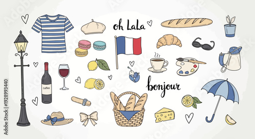 A charming collection of French-themed illustrations including iconic symbols like the Eiffel Tower, croissants, wine, and the French flag.