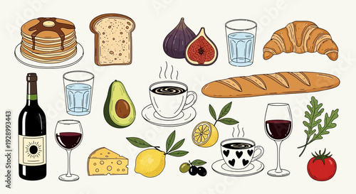 A vibrant collection of breakfast and brunch items, including pancakes, coffee, croissants, bread, cheese, and wine.