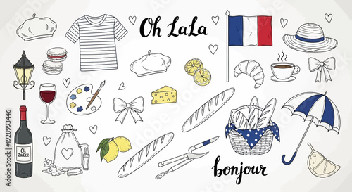 A charming collection of hand-drawn French-themed illustrations, featuring iconic symbols like the Eiffel Tower, croissants, berets, and the French flag.