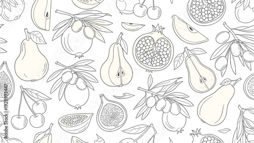 Seamless line art pattern featuring a wide variety of healthy fruits like pears, pomegranates, figs, and cherries for kitchen theme designs.