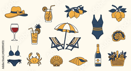 A vibrant collection of summer vacation icons including beachwear, drinks, and seaside elements.