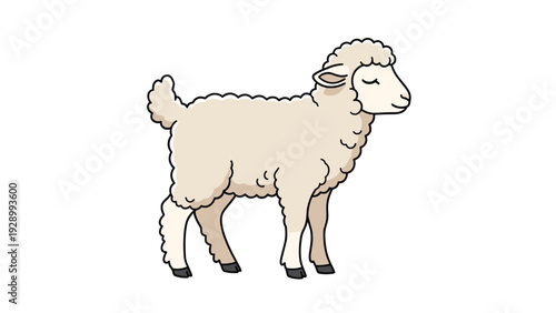 Friendly looking white sheep with thick curly wool and dark hooves standing in profile against a plain white background for farm themed art.