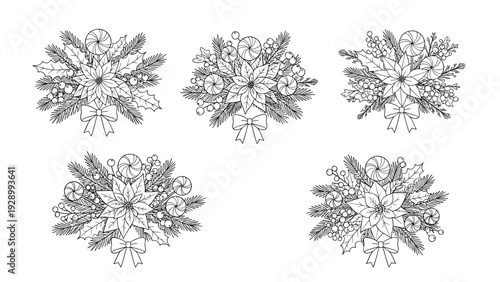 Five unique Christmas floral bouquets featuring poinsettias, pine needles, holly, and lollipops in a detailed line art style for coloring books.