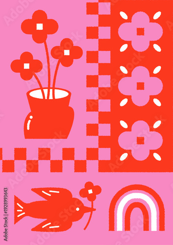 ピンクと赤の花や小鳥のイラスト