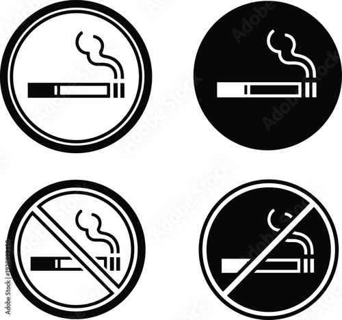Cigarette Smoking Ban and Prohibition Icon Set with No Smoking Signs for Health Warnings, Public Spaces, and Digital Media Use