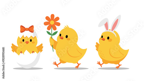 Three adorable yellow chicks celebrating Easter with an eggshell, a spring flower, and a pair of pink bunny ears on a clean white background.