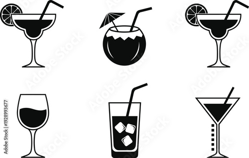 Cocktail and Drink Icons Set Featuring Various Glasses and Mixed Drinks