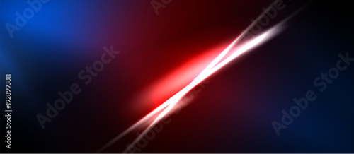 Abstract background features vibrant blue, red hues. Diagonal light streaks create dynamic visual impact. Dark areas frame bright central glow.