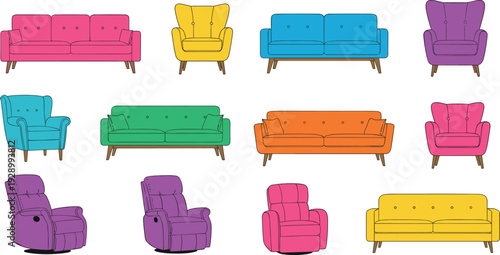 Colorful Sofa Icons Set Featuring Various Couch Designs in Different Colors