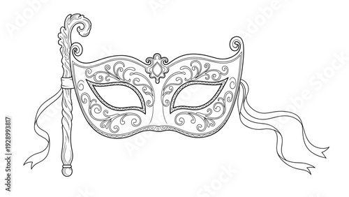 Detailed coloring book page illustration of an ornate carnival masquerade mask featuring elegant swirls and decorative ribbons.