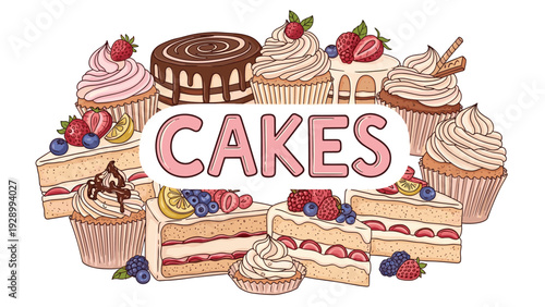 Delicious collection of various cakes cupcakes and dessert slices surrounding the word cakes in a hand drawn colorful style.
