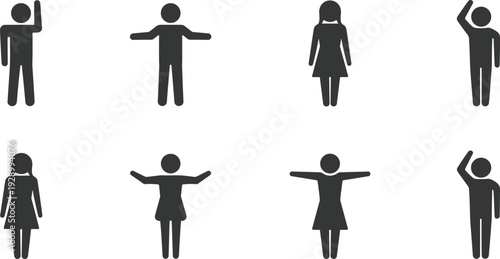 Human silhouette icon set with male and female figures showing various hand gestures and body poses