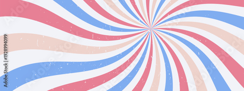 Psychedelic swirl background. Groovy retro sunburst. Spiral wave pattern with grunge texture. Abstract ray burst.