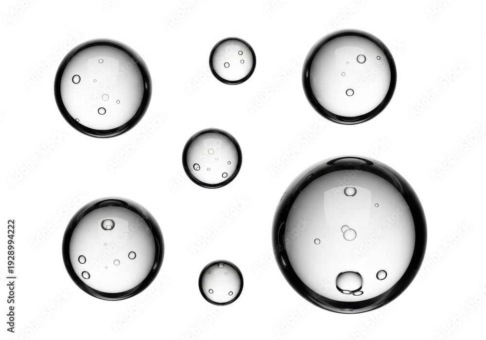 Fototapeta premium ultra high definition photorealistic macro shot of several perfect, glossy, crystal clear liquid droplets showing intricate refractions against a seamless transparent studio background concept of