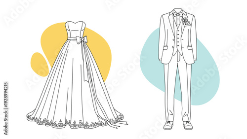 Elegant outlines of a classic white wedding dress and a formal tuxedo suit for a groom isolated on modern colored shapes.
