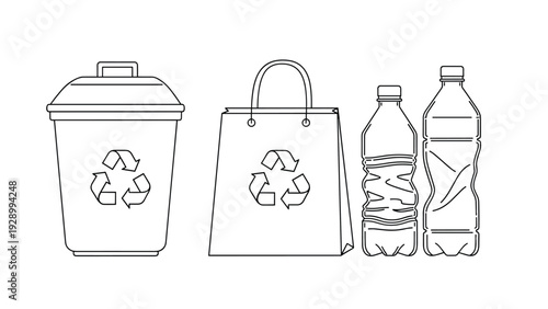 Set of line art icons representing recycling including a trash bin a paper shopping bag and two plastic water bottles.