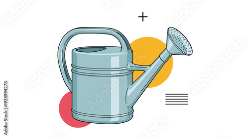 Functional blue metal watering can for gardening tasks presented in a modern graphic style with simple colored circles and lines.