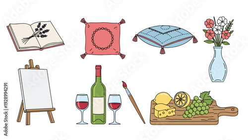 Collection of cozy lifestyle and hobby items including a book cushions a vase of flowers wine and a cheese board for relaxation.