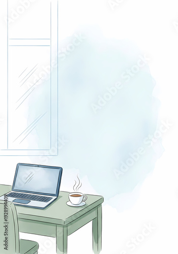 Cozy workspace with laptop and coffee on a desk by the window  