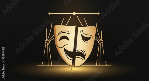Theatrical masks with joy and sadness expressions on golden stage props against dark background