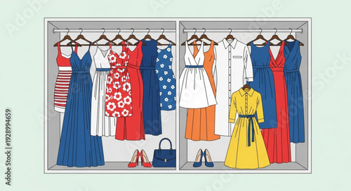 Colorful women's clothing and accessories in an open closet with dresses shoes and handbags on hangers and shelves organized fashion