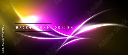 Abstract background features vibrant purple, yellow glows. Smooth curves intersect dark space. Text reads background design.