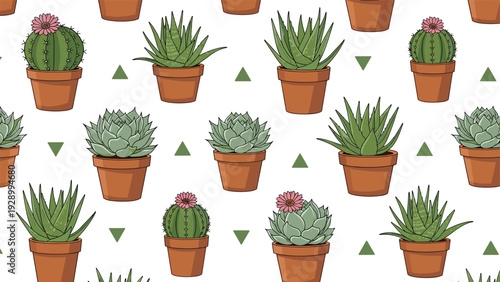 Vibrant seamless pattern displaying diverse types of cacti and succulents in terracotta pots with geometric accents.