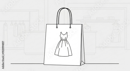 Fashionable shopping bag with dress design on white background symbolizing retail therapy and consumerism