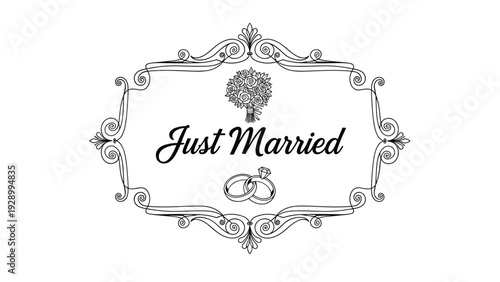 Elegant wedding label with the text just married decorated with a lovely floral bouquet and two interlocking rings.